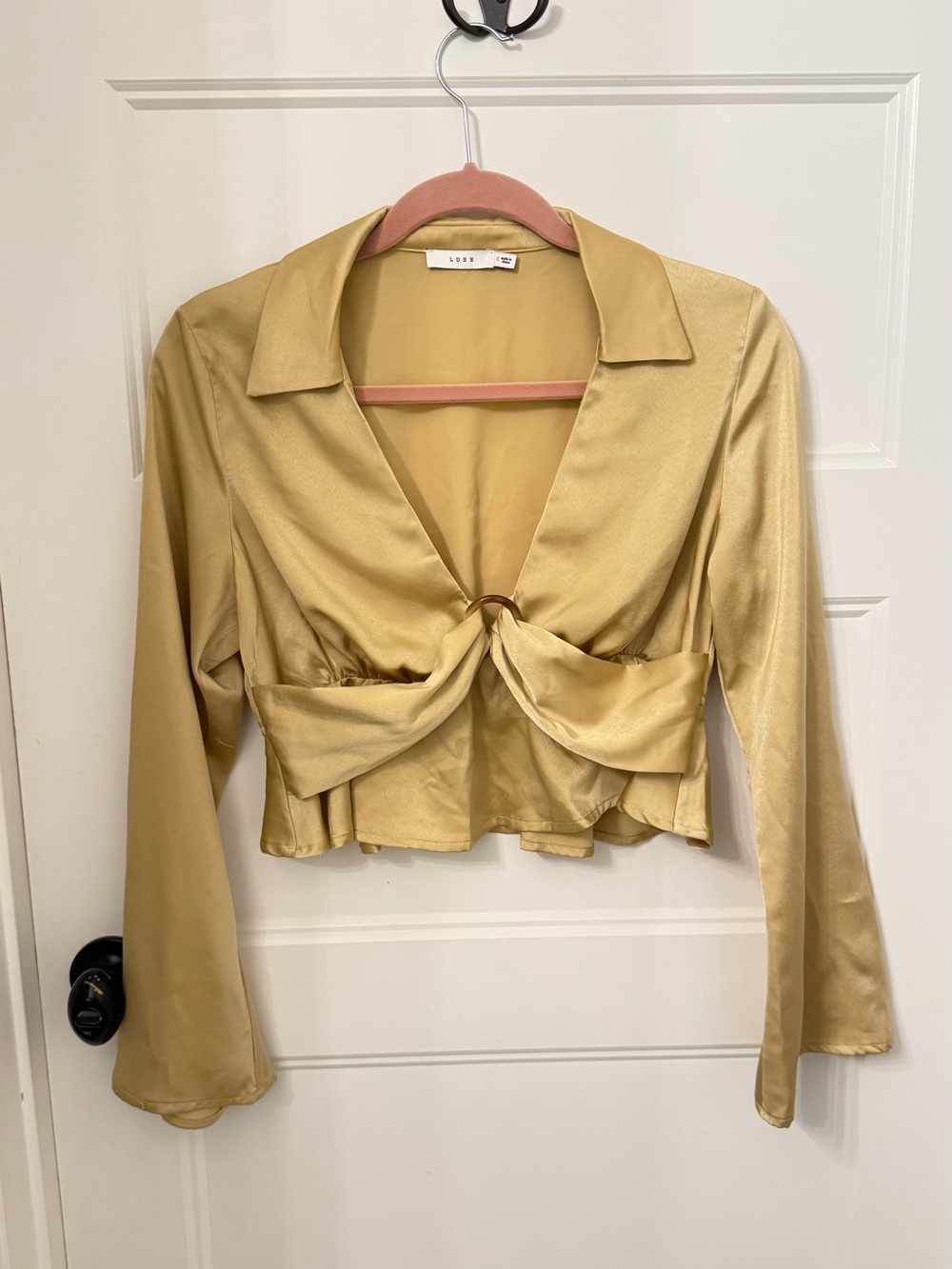 Lush Gold Satin Cropped Long-sleeve Blouse